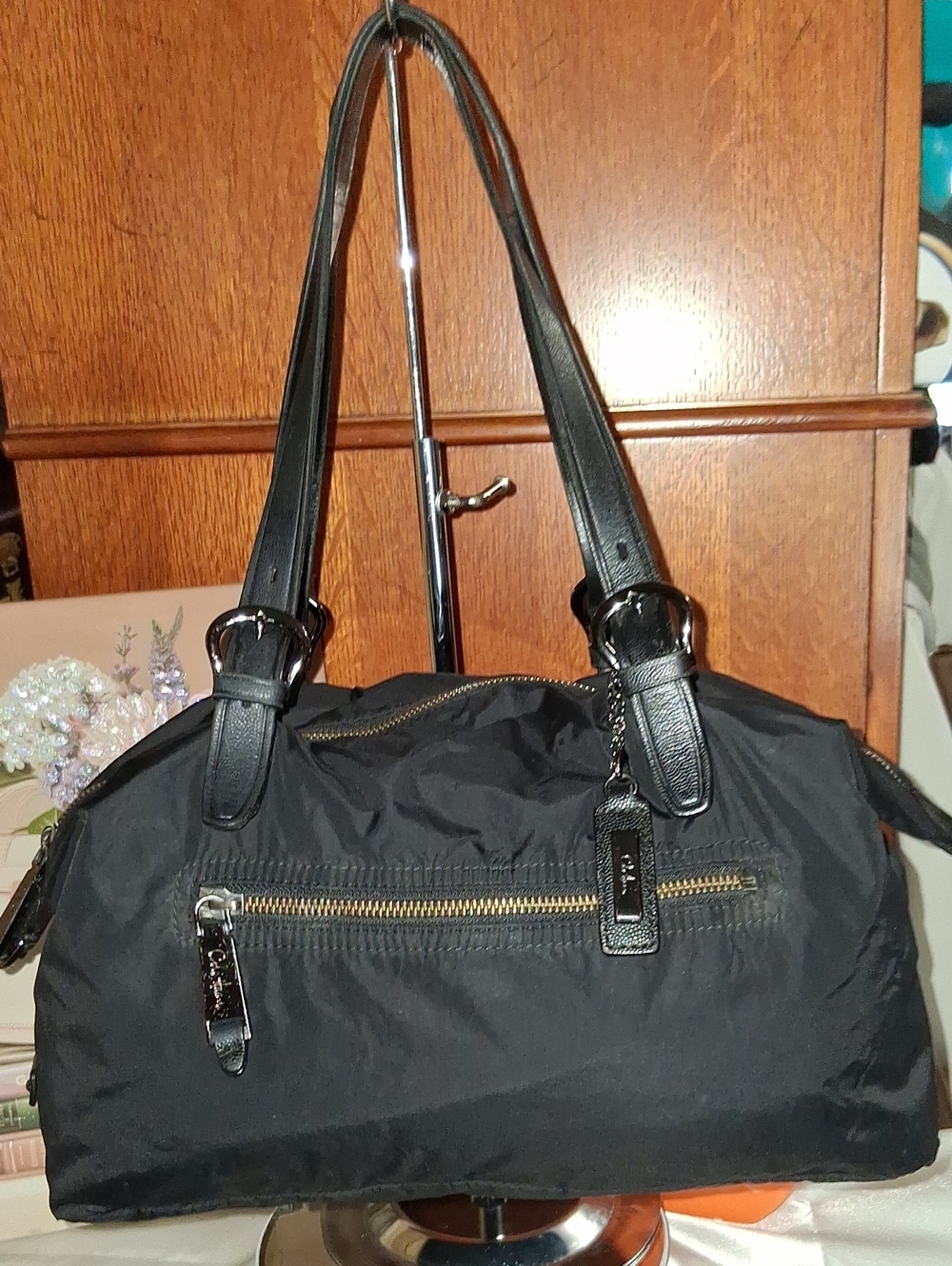 Cole Haan Black Nylon Shoulder Bag with Leather Accents